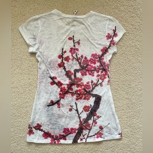 Floral  Cherry Blossom Print Women's Tee - White with Pink Blossoms